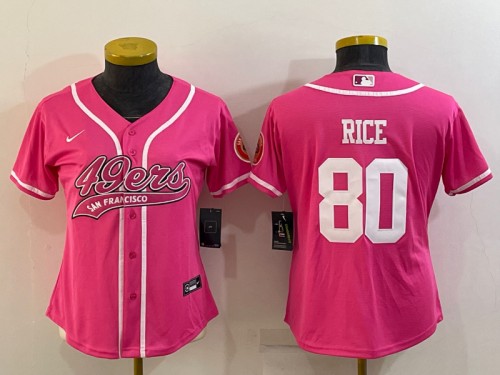 Women's San Francisco 49ers #80 Jerry Rice Pink With Patch Cool Base Stitched Baseball Jersey(Run Small)